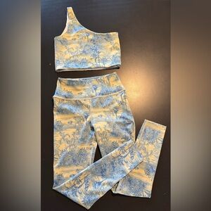 Noli Yoga Set - Size Small - Blue Palm Print - Asymmetrical Top and Leggings